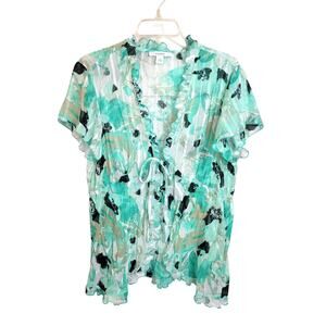 Dressbarn Green Floral Pleated Sheer Ruffle Short Sleeve Boho Top Womens Size XL